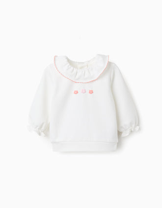 Cotton sweatshirt with embossed flowers for newborn girls, white