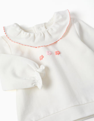 Cotton sweatshirt with embossed flowers for newborn girls, white