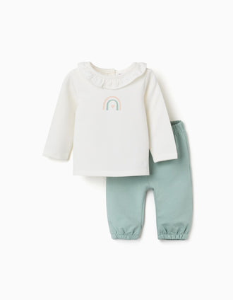 Sweatshirt with rainbow print + trousers for newborn girls, white/green