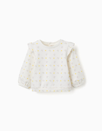 Cotton sweatshirt with ruffles and motif for newborn girls, white