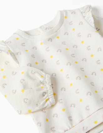 Cotton sweatshirt with ruffles and motif for newborn girls, white