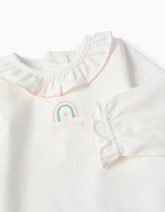Long sleeve bodysuit with rainbow print for newborn girls, white