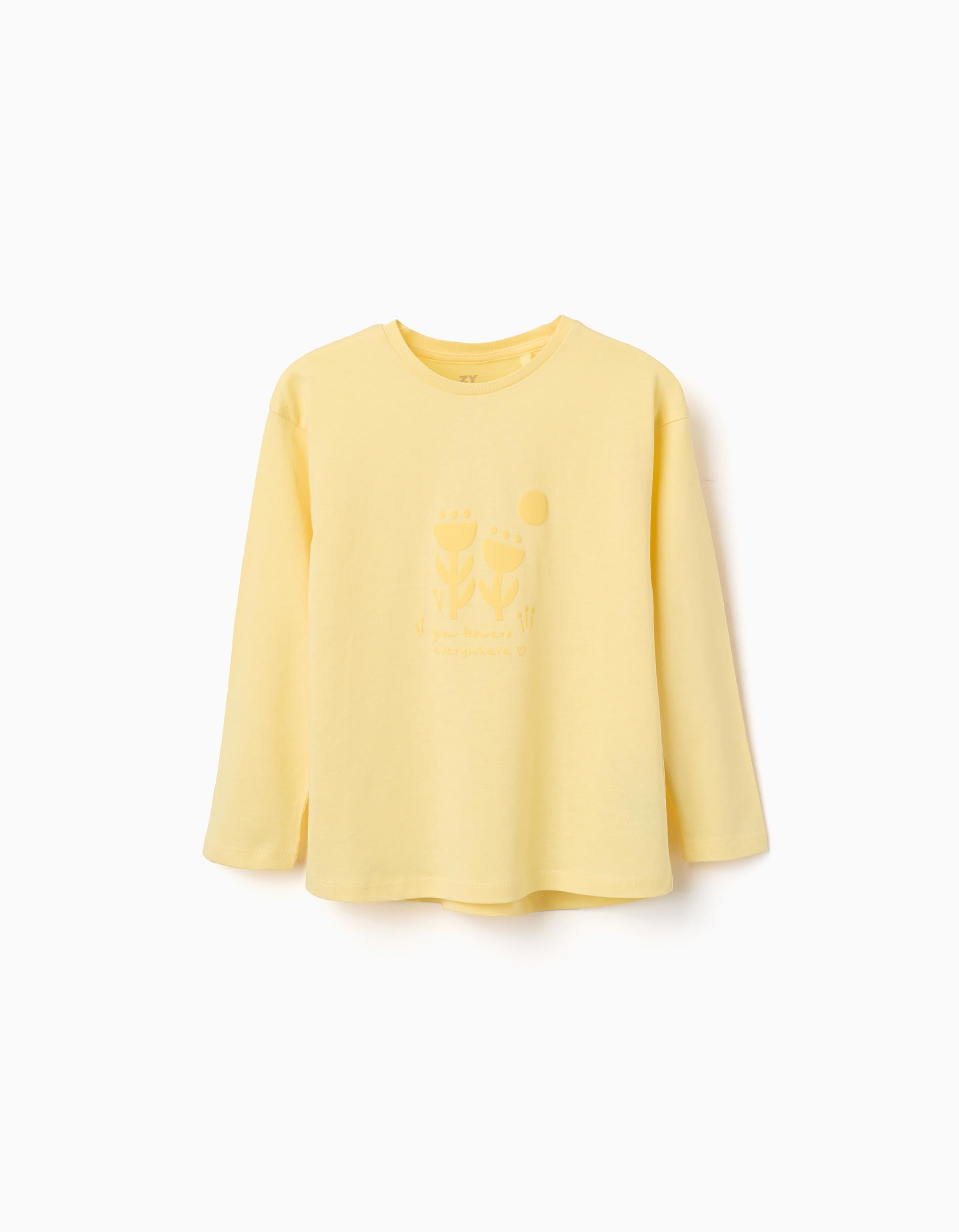 T-shirt à manches longues et fleurs en relief pour fille, jaune
