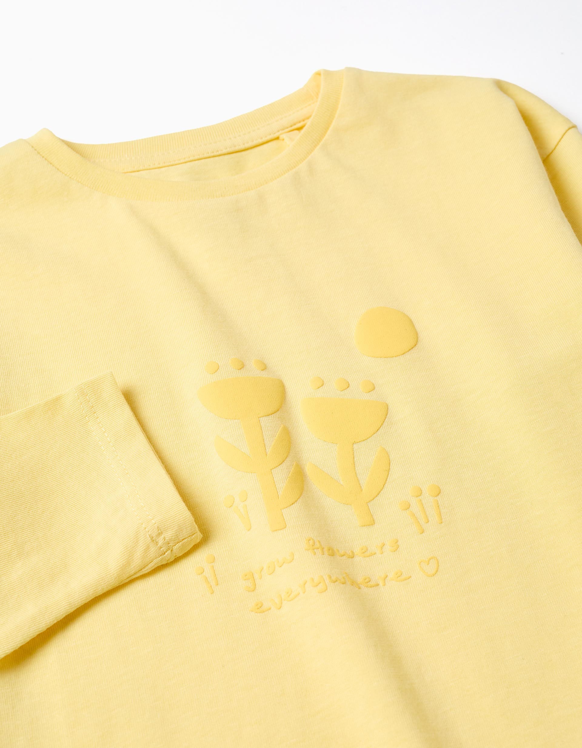 T-shirt à manches longues et fleurs en relief pour fille, jaune