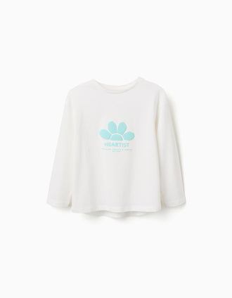 Long sleeve cotton T-shirt with embossed print for girls, white/blue