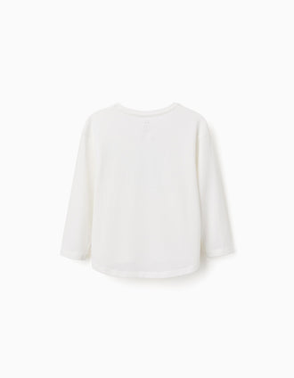 Long sleeve cotton T-shirt with embossed print for girls, white/blue