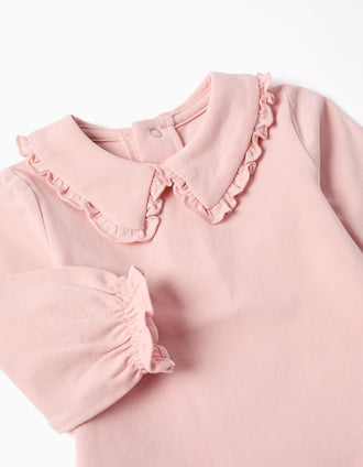 Long sleeve bodysuit with ruffled collar for newborn girls, pink