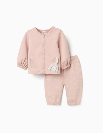 Cotton jacket + trousers with motif for newborn girls, light pink