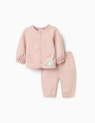 Cotton jacket + trousers with motif for newborn girls, light pink