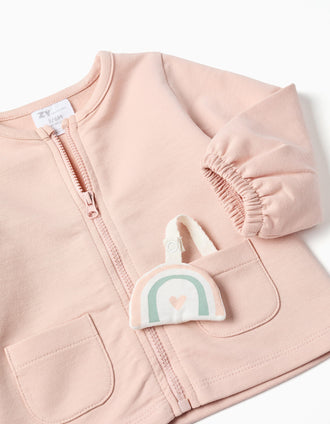 Cotton jacket + trousers with motif for newborn girls, light pink
