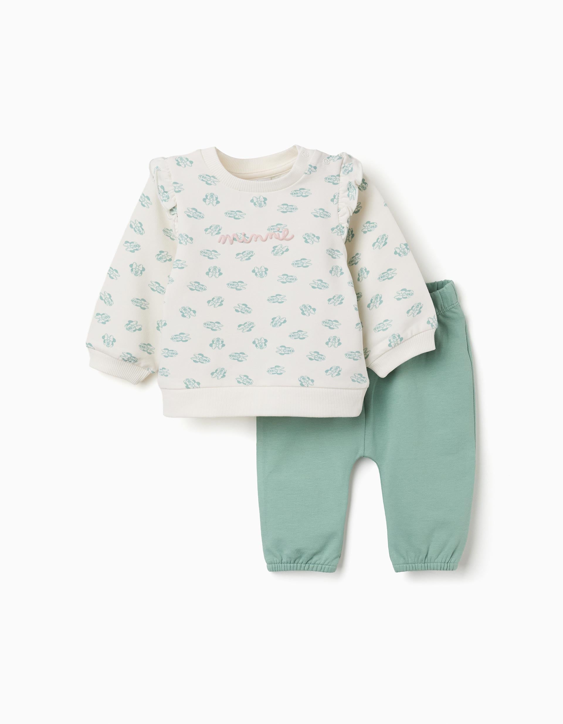 Sweat avec imprimé Minnie + pantalon pour nouveau-née, blanc/vert
