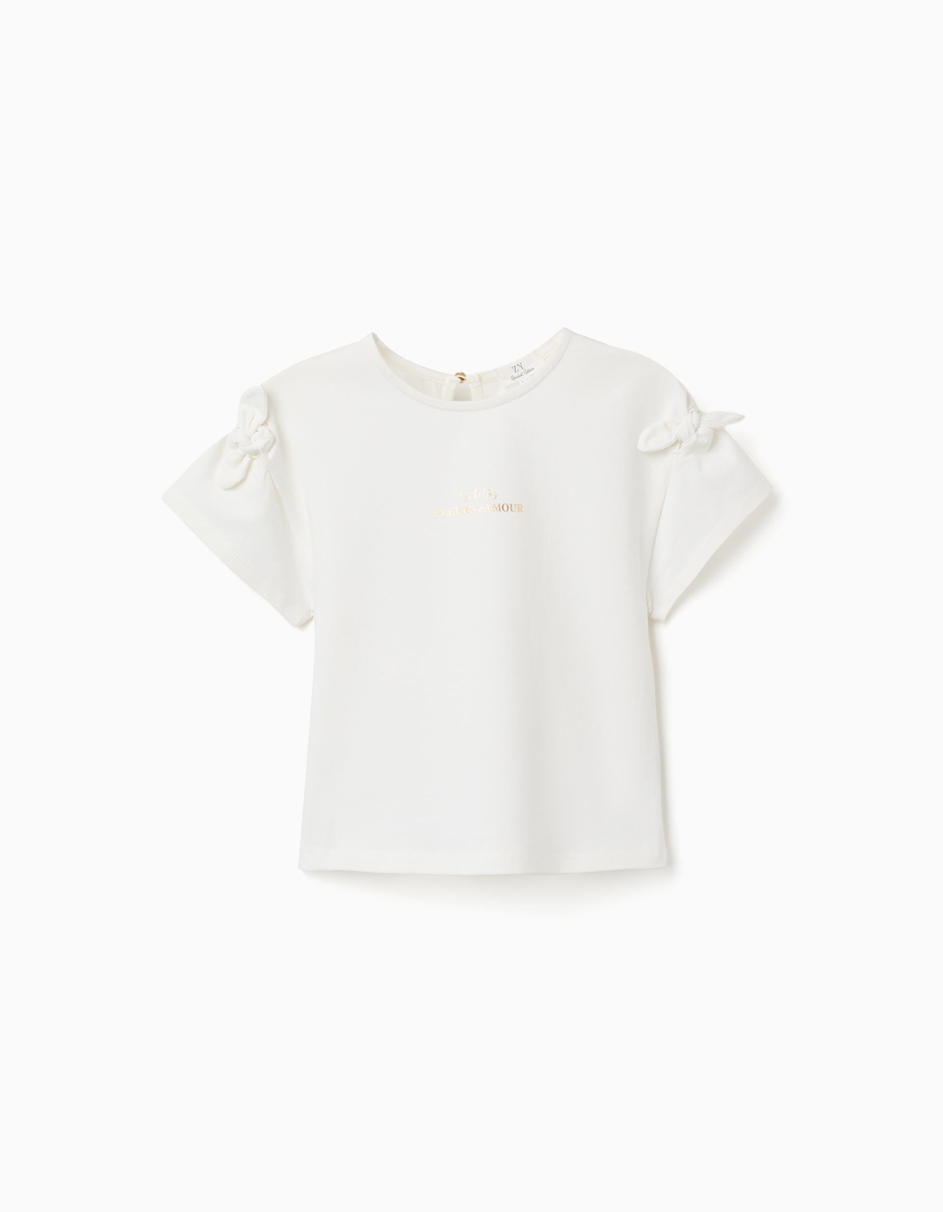T-shirt with print and decorative knots for girls, white