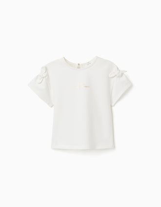 T-shirt with print and decorative knots for girls, white