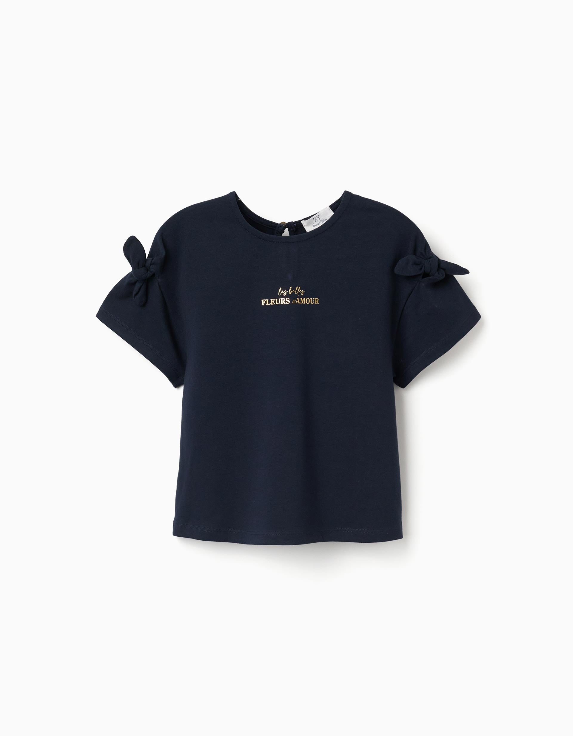 T-shirt with print and decorative knots for girls, dark blue