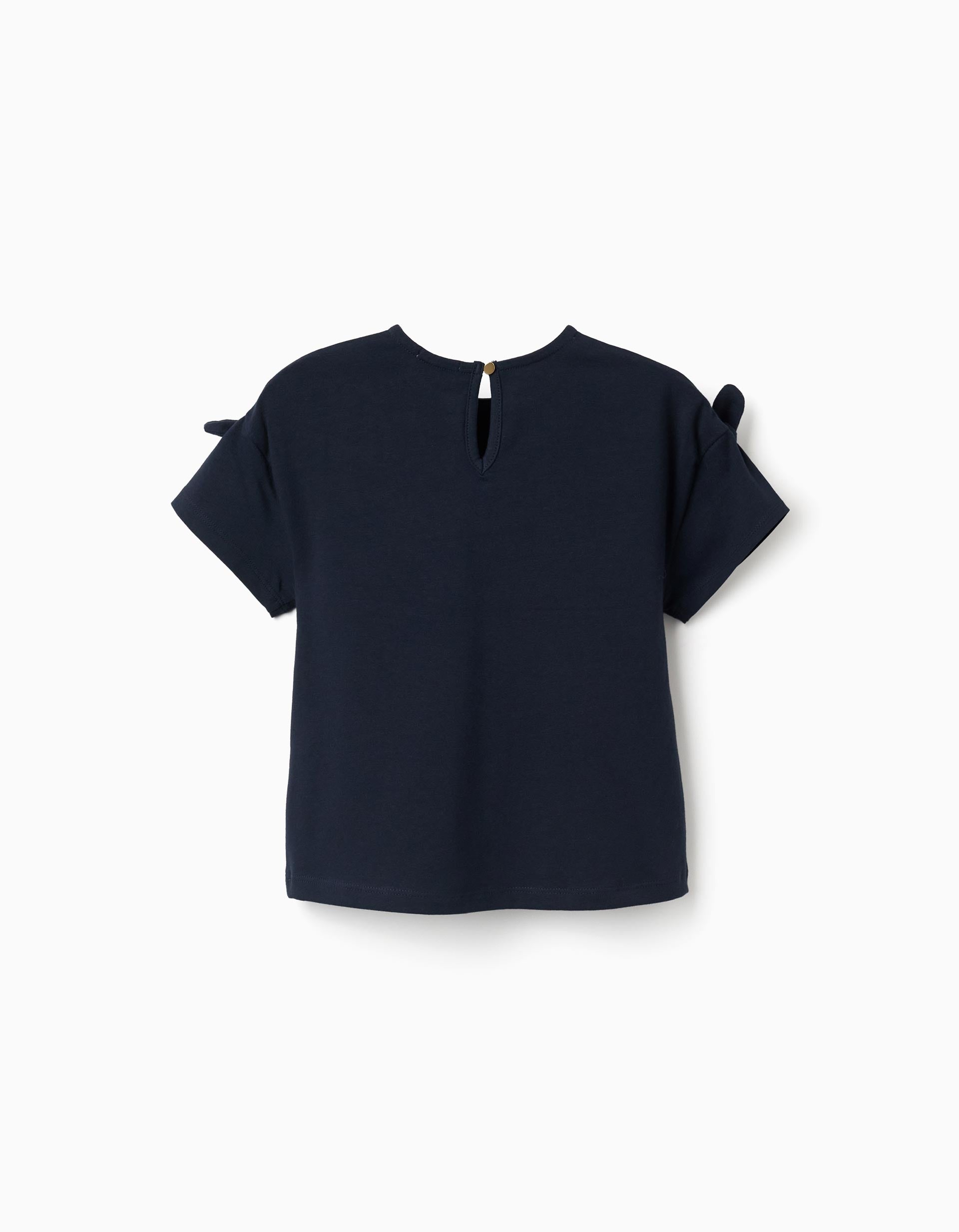 T-shirt with print and decorative knots for girls, dark blue