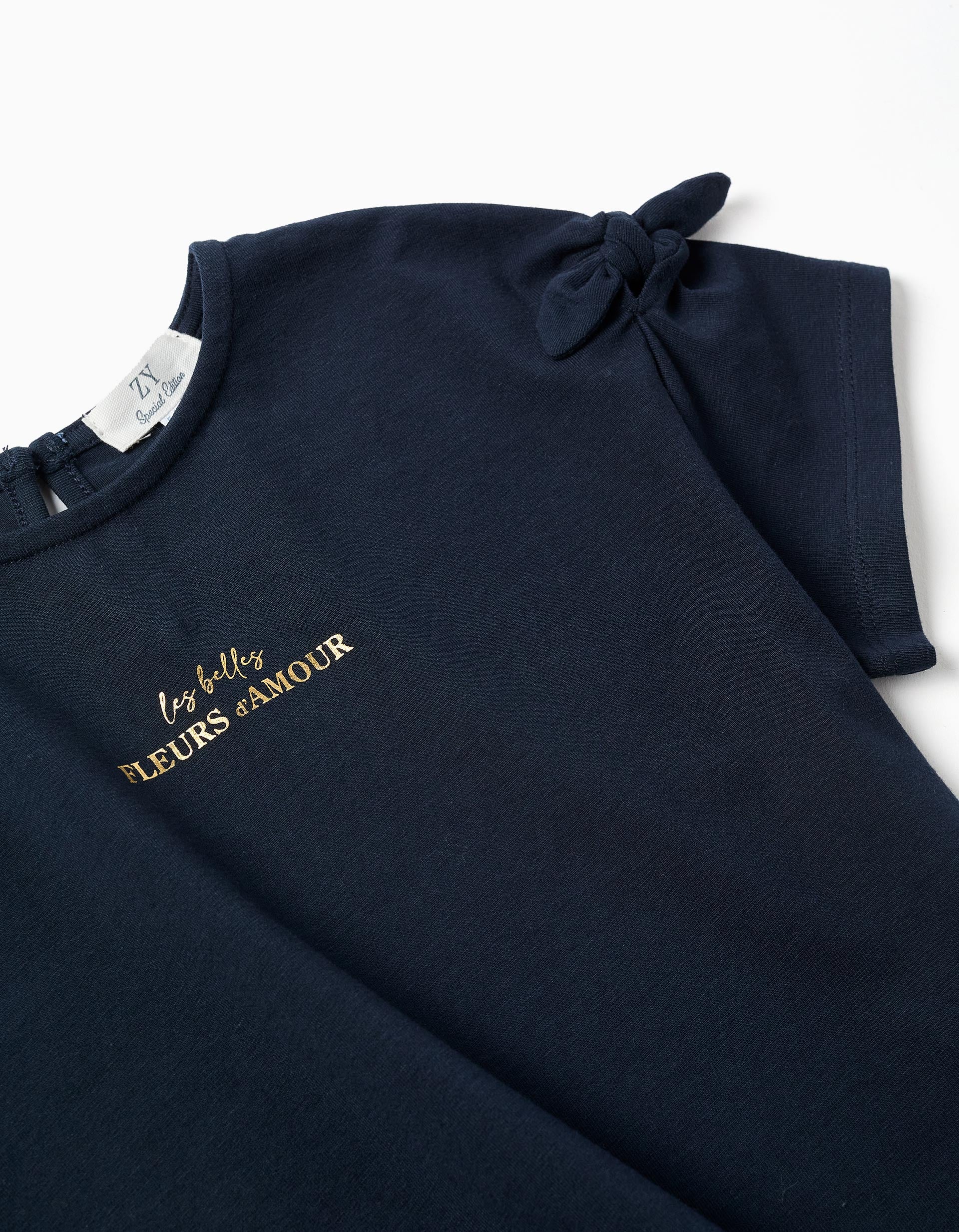 T-shirt with print and decorative knots for girls, dark blue