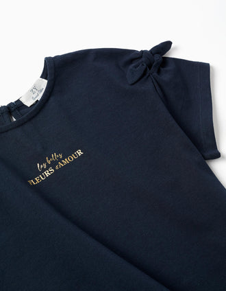 T-shirt with print and decorative knots for girls, dark blue