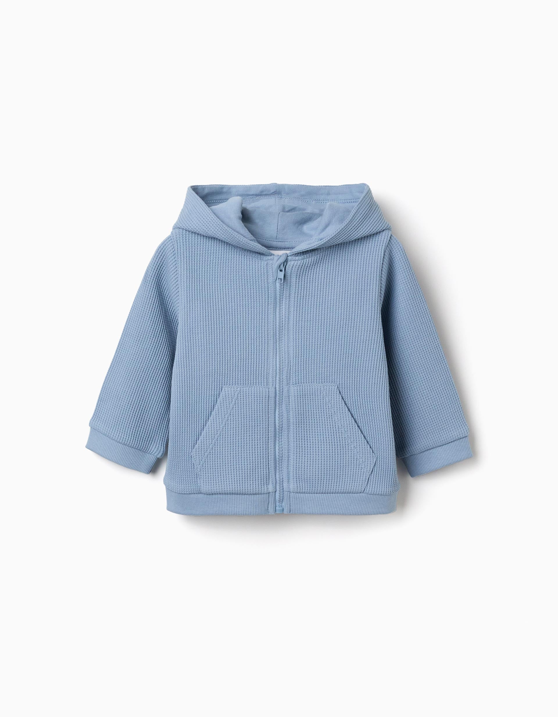 Sweat zippé en coton à texture gaufrée et capuche pour nouveau-né, bleu
