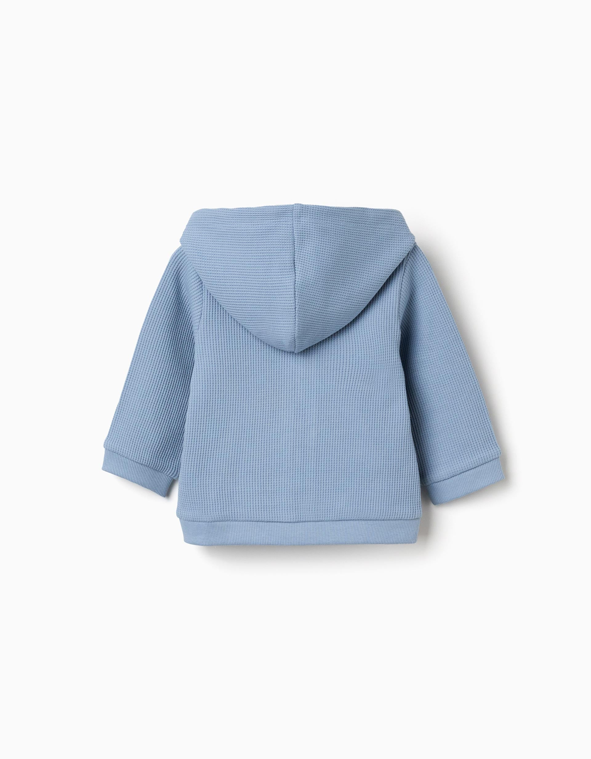 Sweat zippé en coton à texture gaufrée et capuche pour nouveau-né, bleu