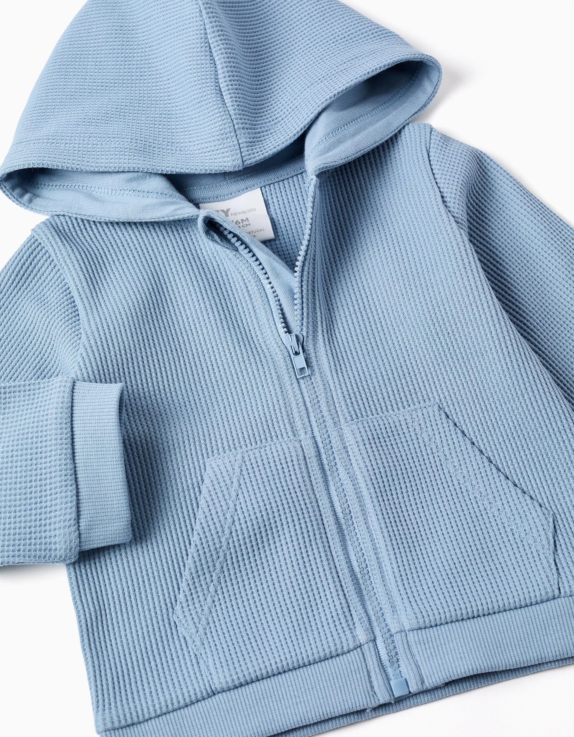 Sweat zippé en coton à texture gaufrée et capuche pour nouveau-né, bleu