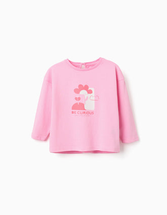 Camiseta de manga larga con estampado Be Curious para bebé niña, rosa