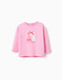 Long sleeve cotton T-shirt with Be Curious print for baby girls, pink