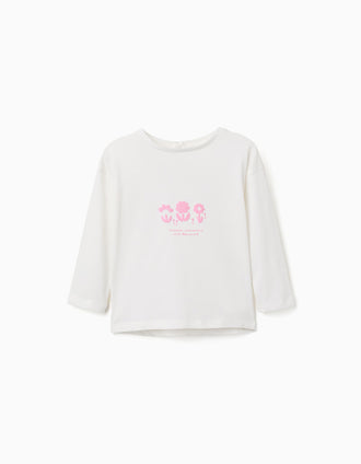 Camiseta de manga larga con flores en relieve para bebé niña, blanco