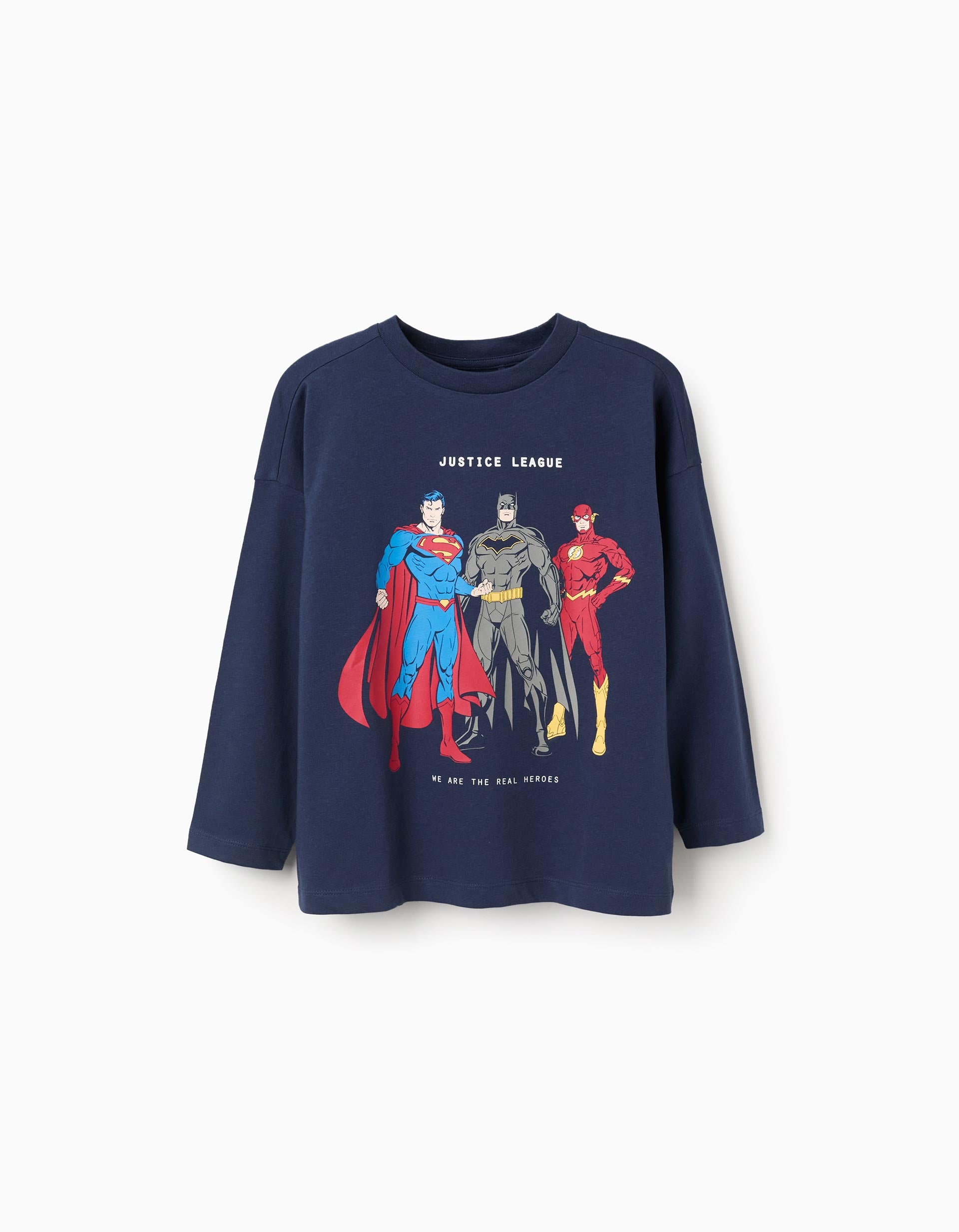 T-shirt de algodão com estampado Liga da Justiça para menino, azul-escuro