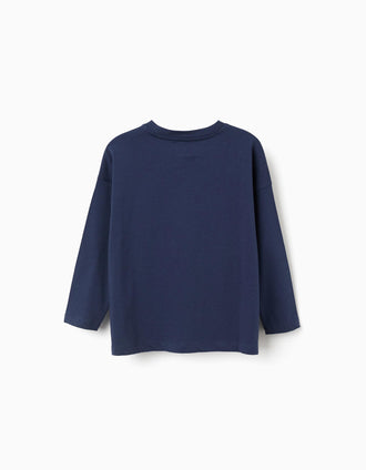 T-shirt de algodão com estampado Liga da Justiça para menino, azul-escuro