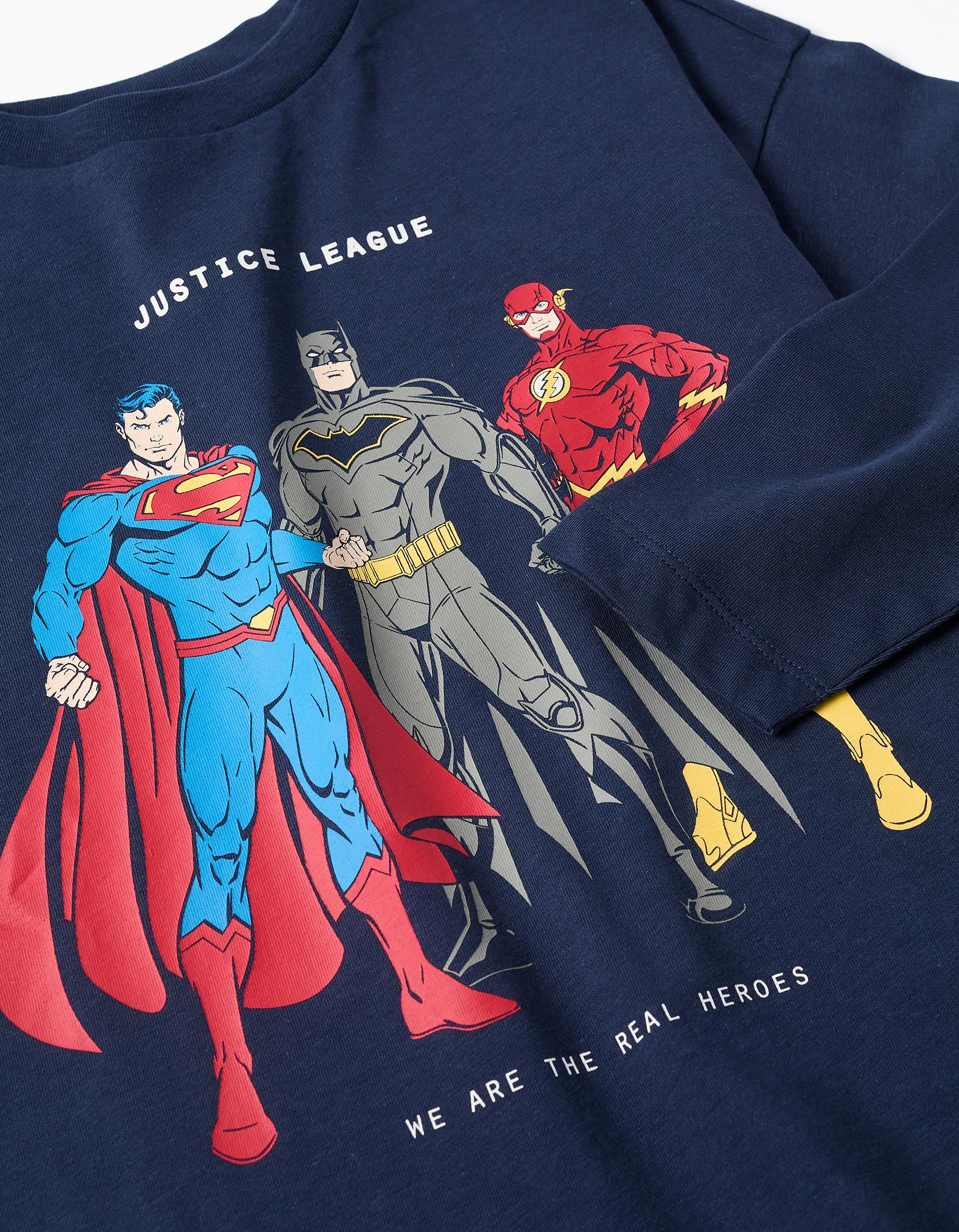 T-shirt de algodão com estampado Liga da Justiça para menino, azul-escuro