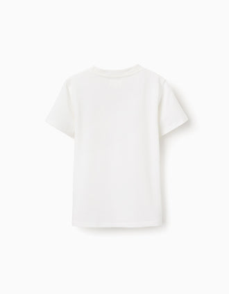 Cotton T-shirt with striped chest pocket for boys, white/yellow