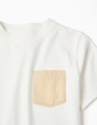 Cotton T-shirt with striped chest pocket for boys, white/yellow