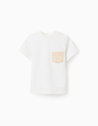 Cotton T-shirt with striped chest pocket for baby boys, white/yellow