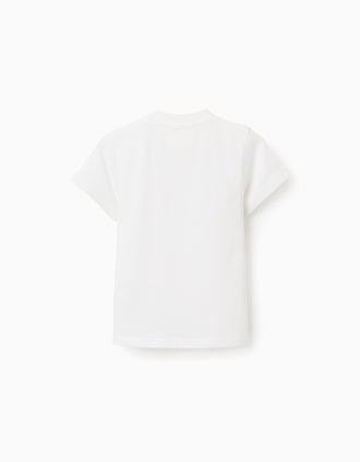 Cotton T-shirt with striped chest pocket for baby boys, white/yellow