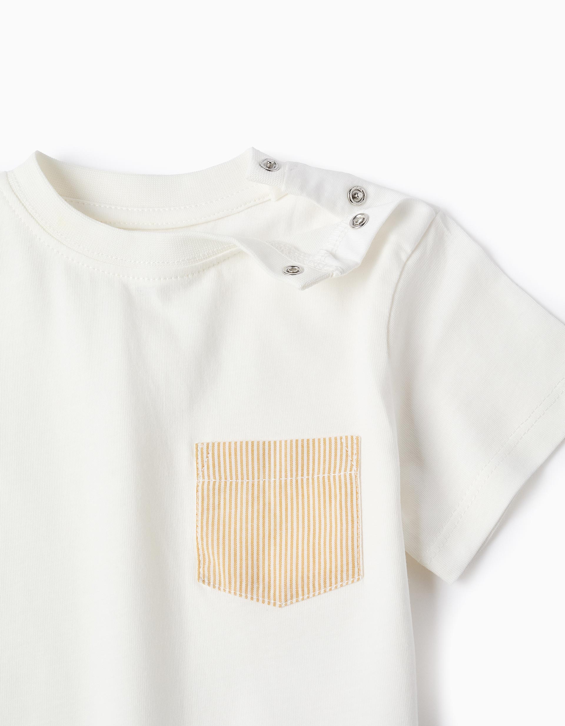 Cotton T-shirt with striped chest pocket for baby boys, white/yellow