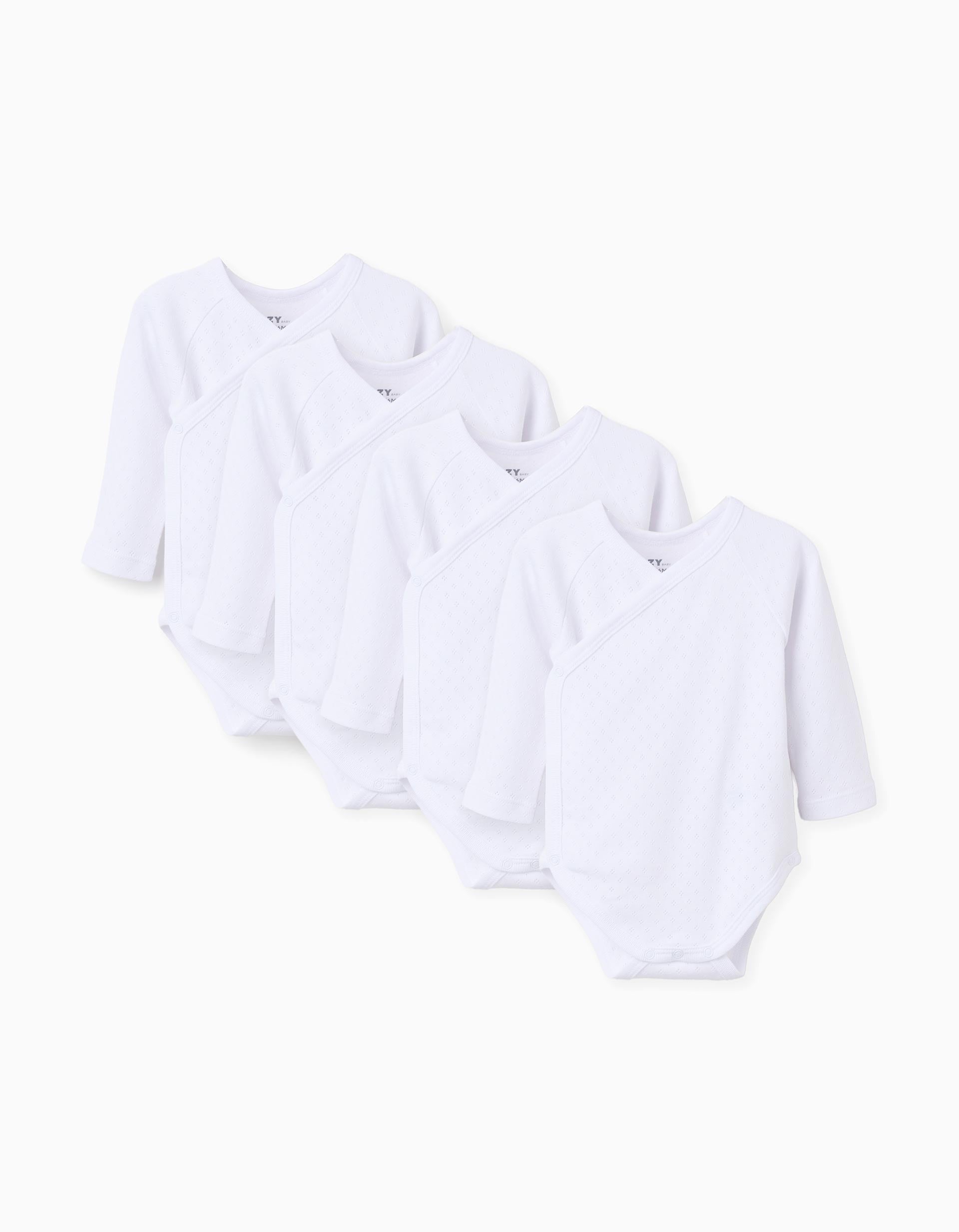 Pack of 4 wrapover bodysuits in pointelle for newborns and babies, white