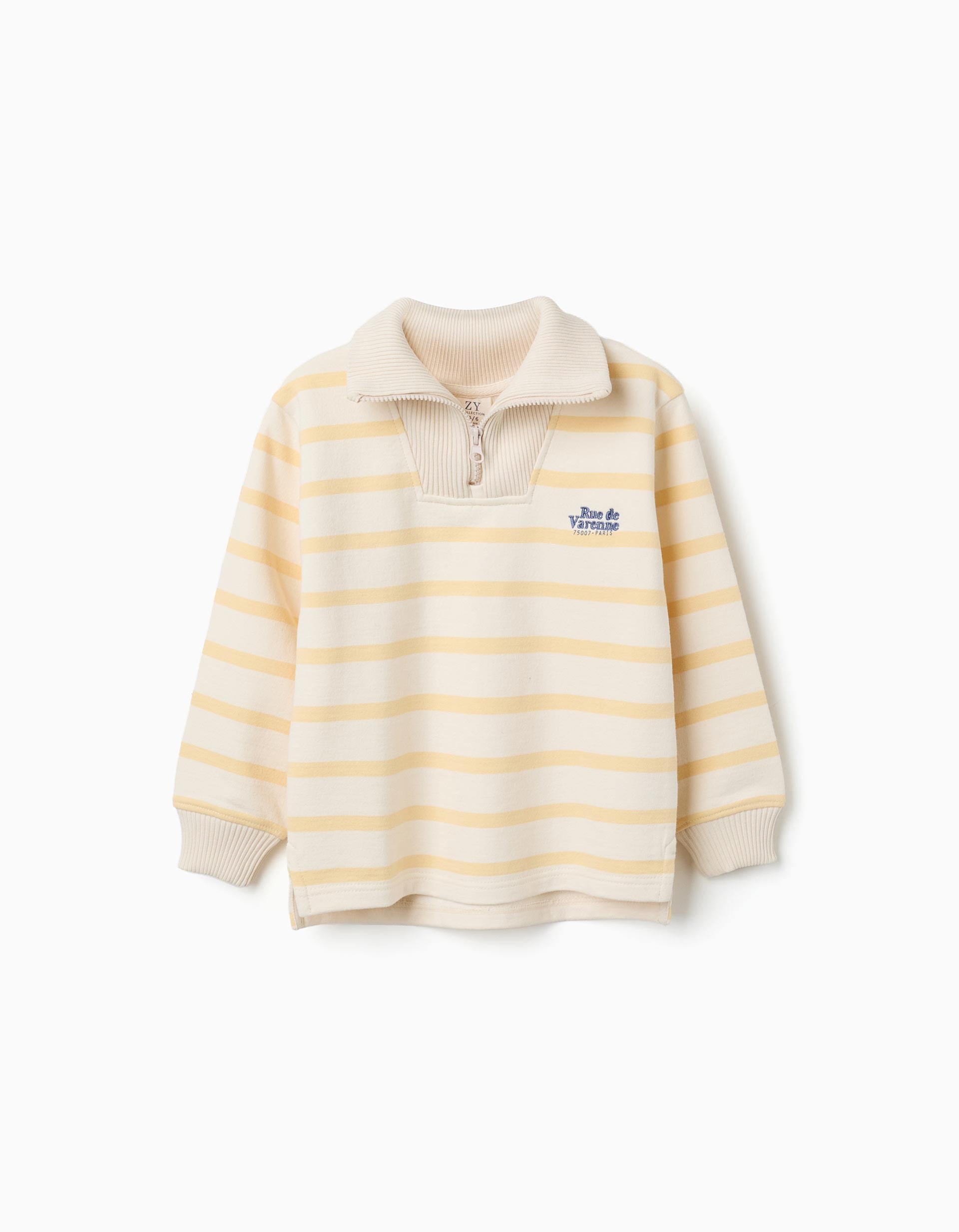 Half-zip cotton sweatshirt with stripes for boys, white/yellow