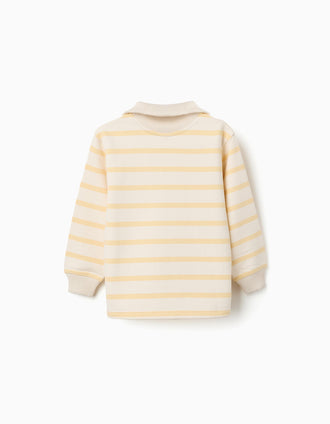 Sweat de algodão às riscas com meio fecho para menino, branco/amarelo