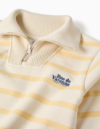 Sweat de algodão às riscas com meio fecho para menino, branco/amarelo