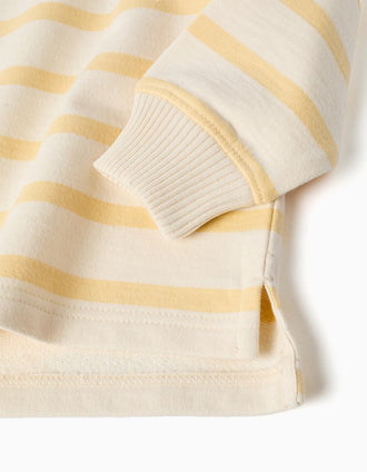 Sweat de algodão às riscas com meio fecho para menino, branco/amarelo