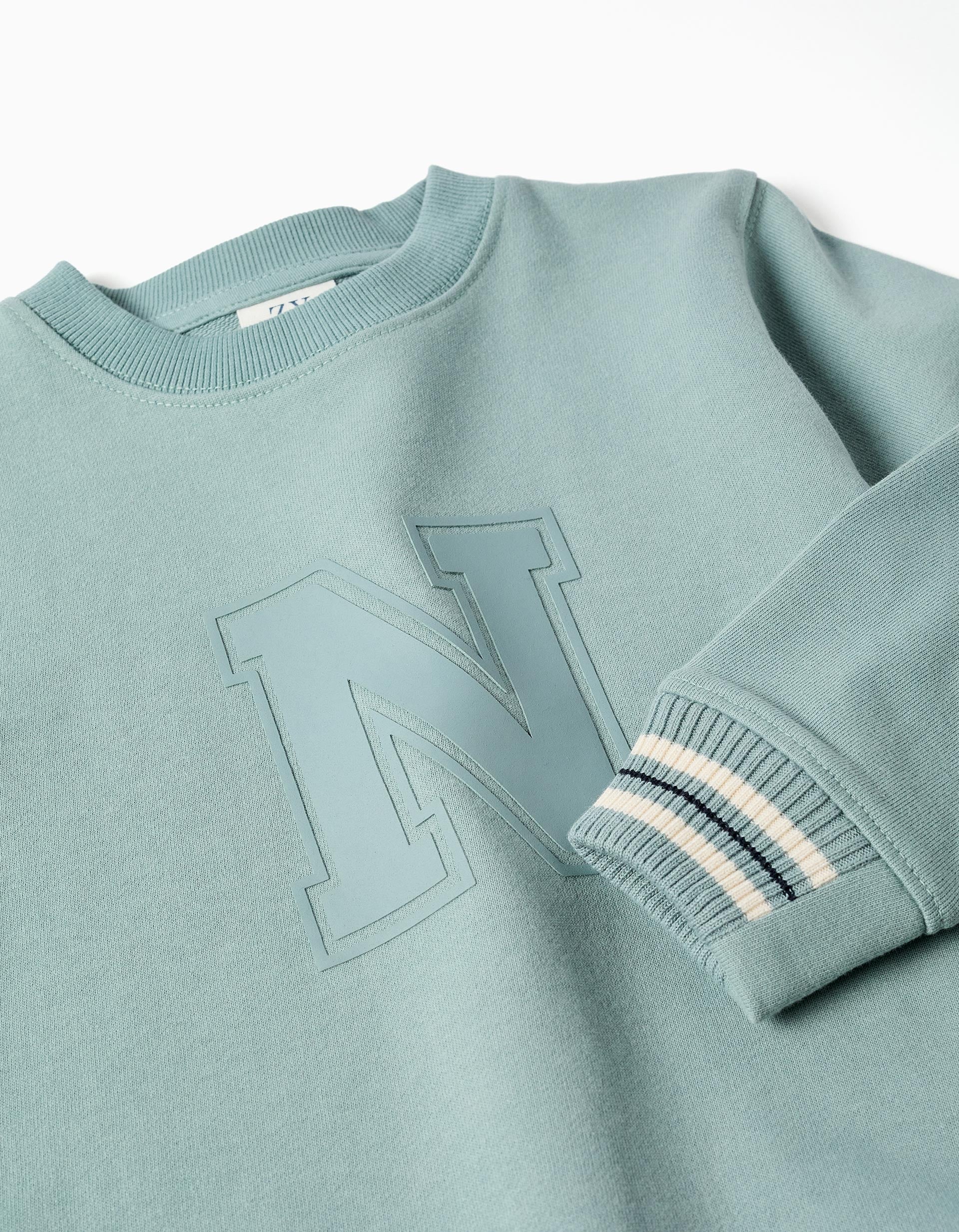 Cotton sweatshirt with embossed N for boys, light green