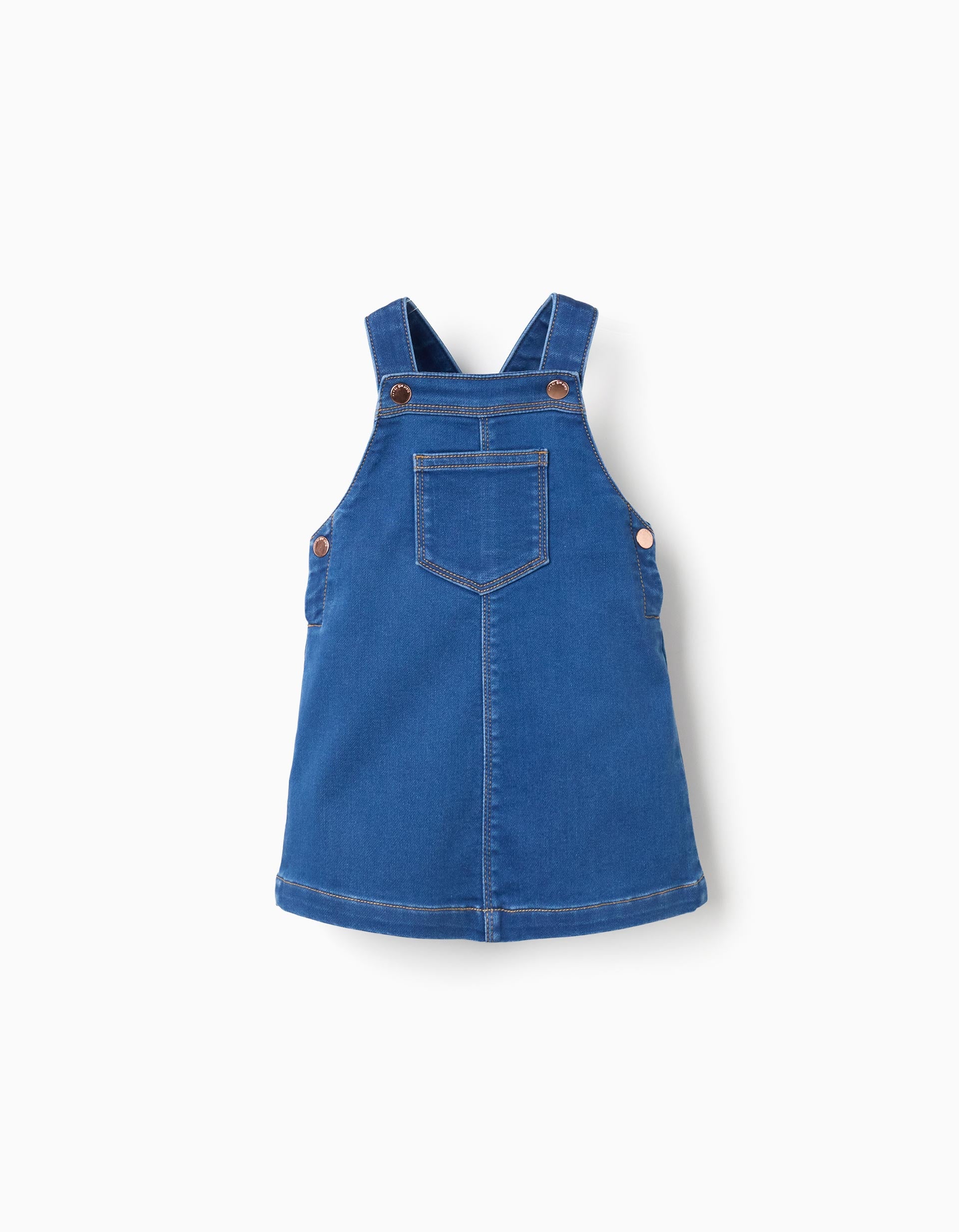 Denim pinafore dress with front pocket for baby girls, blue