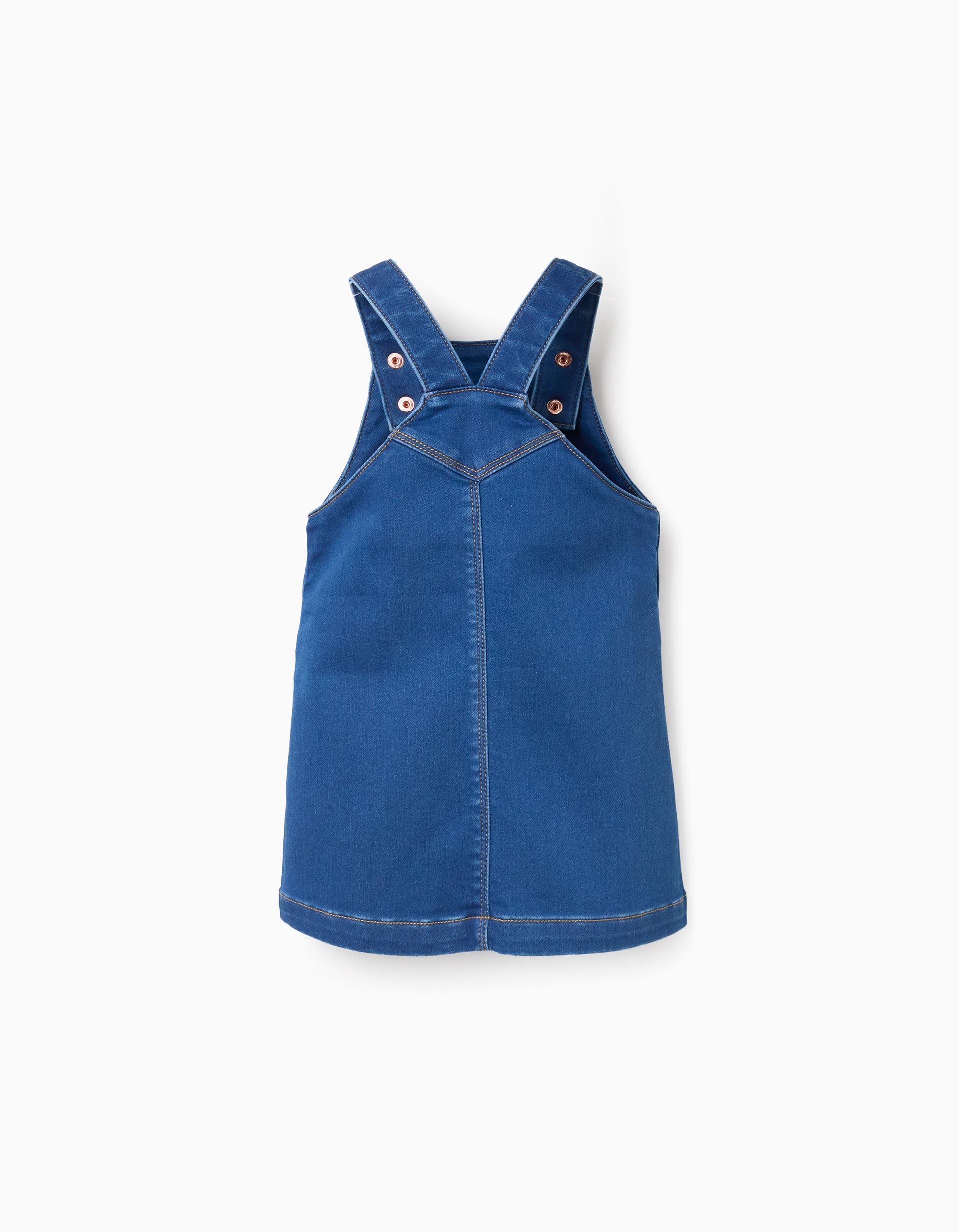 Denim pinafore dress with front pocket for baby girls, blue
