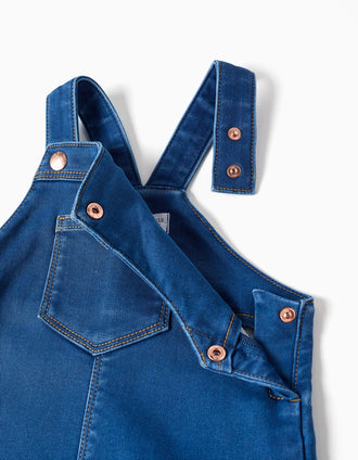 Denim pinafore dress with front pocket for baby girls, blue