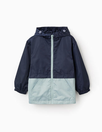 Cortavientos con capucha y bolsillos para niño, azul oscuro/verde