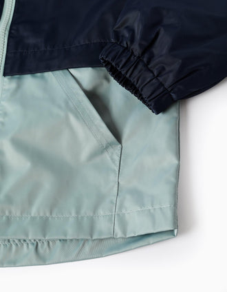 Cortavientos con capucha y bolsillos para niño, azul oscuro/verde