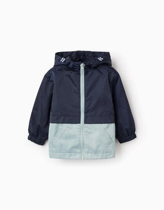 Cortavientos con capucha y bolsillos para bebé niño, azul oscuro/verde