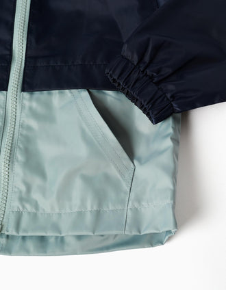 Cortavientos con capucha y bolsillos para bebé niño, azul oscuro/verde