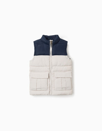 Chaleco acolchado con bolsillos con solapa para niño, azul oscuro/beige