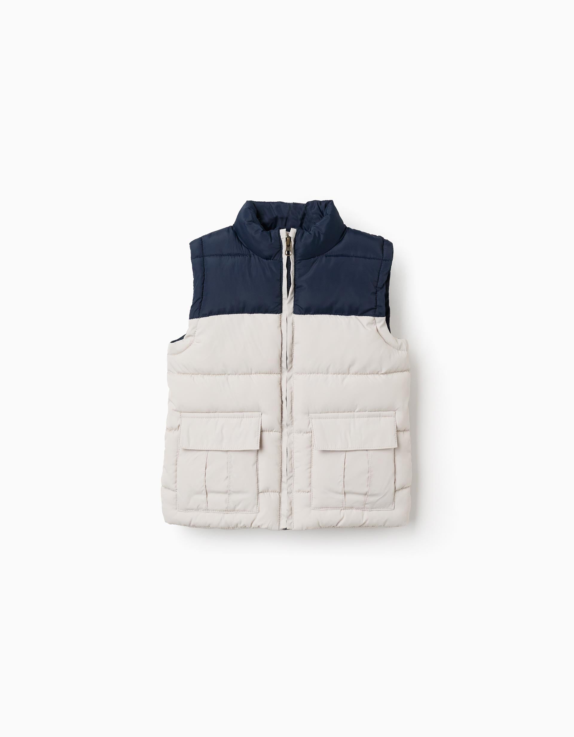 Padded vest with flap pockets for baby boys, dark blue/beige